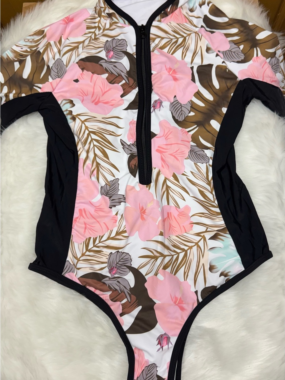 SHEIN Pink Floral Long Sleeve One Piece Swimsuit Size L